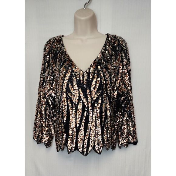 Oleg Cassini V-Neck Scalloped Black Jewel Beaded Sequin Silk Top Size Small - Picture 4 of 9